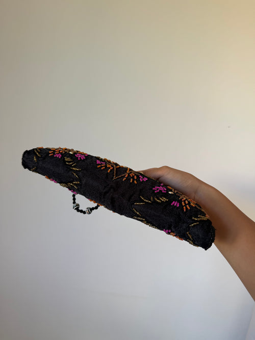 Black Floral Beaded Kiss-Lock Bag